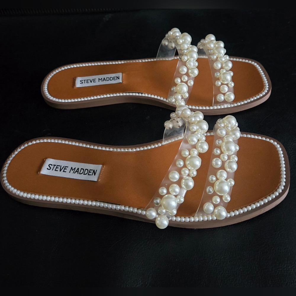 Steve Madden Pearl Embellished Tan Sandals - Picture 3 of 7